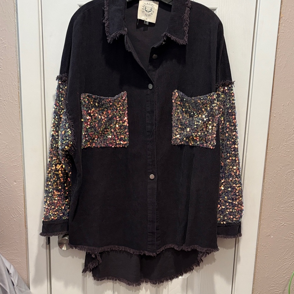 Fantastic Fawn Black Sequin Jean Jacket